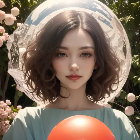 383 (20 year old woman),(short hair),(gentle smile),(high quality photos),( cinematic pictures playing on the lawn ),(colorful),(Crystal Ball),((contrast between light and shade)) ,(Da Vinci )