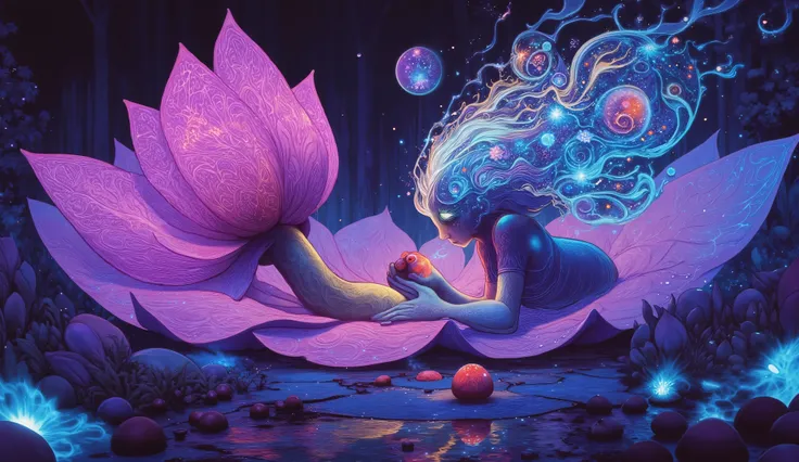 Imagine a whimsical fairy painting a graffiti mural on a giant lotus flower in a bioluminescent forest, her canvas illuminated by the soft glow of fireflies and strange, alien plants. She uses spray paint and melting oil gouache to create dynamic fluid sha...