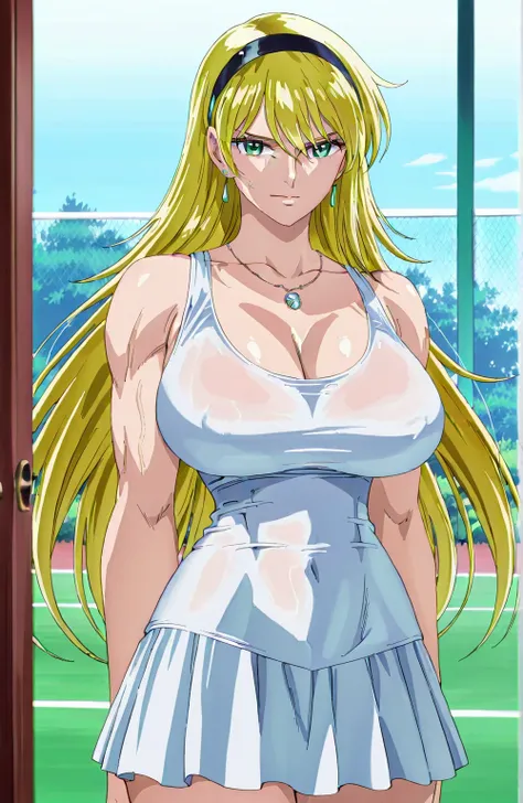 score 9 、score 8 up、score 7 up、source anime、傑作、最高品質、高解像度、anime coloring、1woman、katya、cool beauty、
long hair anime woman is wearing a white tennis wear、solo、美しいアニメのポートレート、beautiful anime woman、アニメの女性のポートレート、elegant anime woman、elegance anime woman、huge brea...
