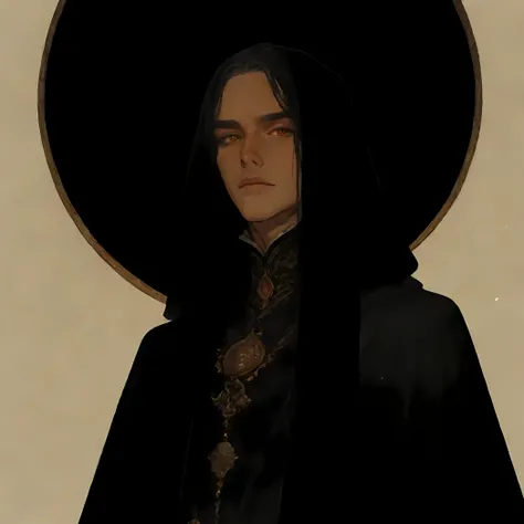 A Full-body illustration of a tall male, lean but muscular young man.has short, wavy black hair, dark gold eyes, calm content expression. wearing fitted medieval-style clothing. black cloak. noble outfit. , clean background, character-centered, novel-style...