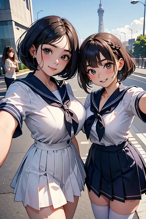 Highest Quality、high definition、masterpiece、iPhone camera-style landscape photo、Vivid colors、blue sky、natural light、sharp details、Wide angle perspective、detailed face、detailed eyes、age beauty、anatomically correct、(huge breasts:1.3)、perfect body line、3 wome...