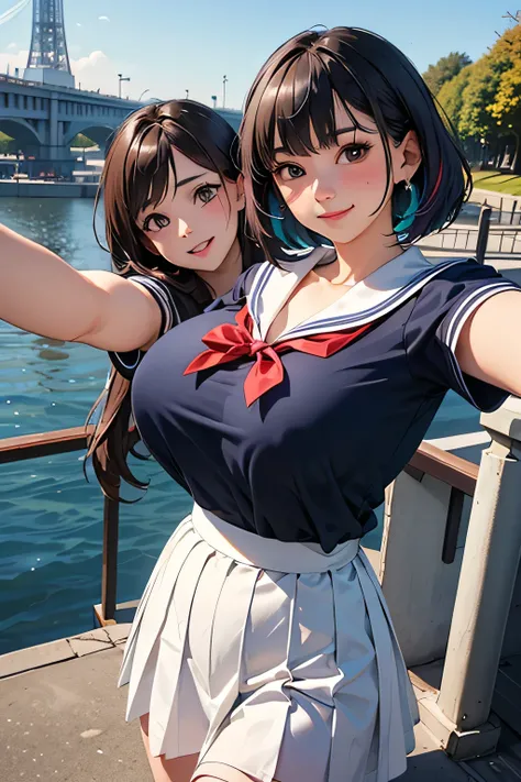 Highest Quality、high definition、masterpiece、iPhone camera-style landscape photo、Vivid colors、blue sky、natural light、sharp details、Wide angle perspective、detailed face、detailed eyes、age beauty、anatomically correct、(huge breasts:1.3)、perfect body line、3 wome...