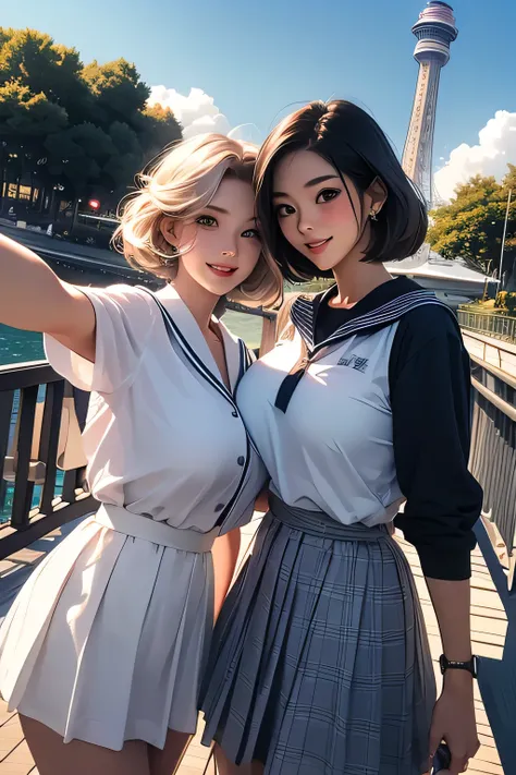 Highest Quality、high definition、masterpiece、iPhone camera-style landscape photo、Vivid colors、blue sky、natural light、sharp details、Wide angle perspective、detailed face、detailed eyes、age beauty、anatomically correct、(huge breasts:1.3)、perfect body line、3 wome...