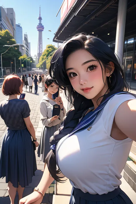Highest Quality、high definition、masterpiece、iPhone camera-style landscape photo、Vivid colors、blue sky、natural light、sharp details、Wide angle perspective、detailed face、detailed eyes、age beauty、anatomically correct、(huge breasts:1.3)、perfect body line、3 wome...