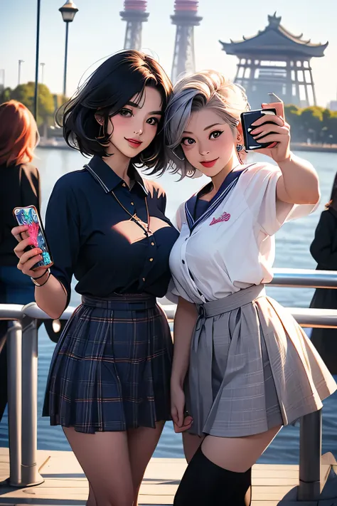 Highest Quality、high definition、masterpiece、iPhone camera-style landscape photo、Vivid colors、blue sky、natural light、sharp details、Wide angle perspective、detailed face、detailed eyes、age beauty、anatomically correct、(huge breasts:1.3)、perfect body line、3 wome...