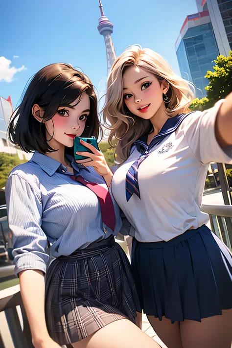 Highest Quality、high definition、masterpiece、iPhone camera-style landscape photo、Vivid colors、blue sky、natural light、sharp details、Wide angle perspective、detailed face、detailed eyes、age beauty、anatomically correct、(huge breasts:1.3)、perfect body line、3 wome...