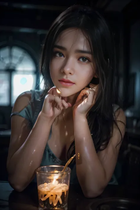 Masterpiece, high resolution, anime style beautiful girl, being in a dirty beaker, immersed in liquid, homunculus, magic circle, small room with phosphorescent flash, perfect beautiful girl, luminous from within, staring at the viewer, laughter, 3d renderi...