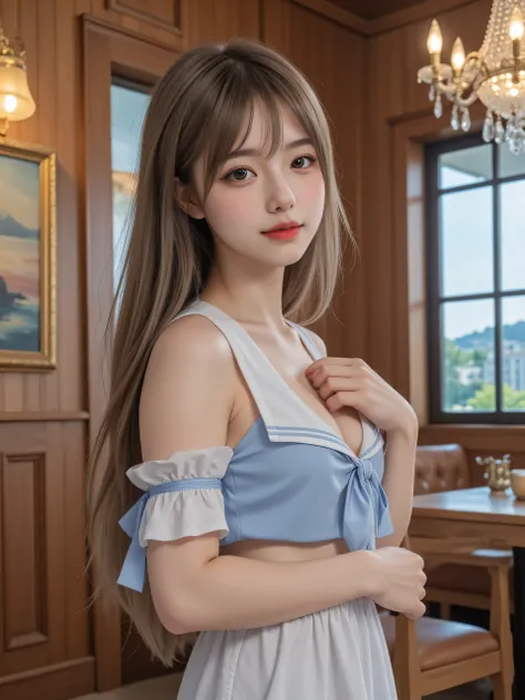 Highest quality, RAW photo, Ultra HD, 18-year-old Korean, beauty, big breasts:1.5, breast crack:1.5, healthy skin tone, fair and smooth skin, (wavy hair, coil hair), ((Light brown silver hair)), beautiful eyes in various colors, thin lips, beautiful eyes w...