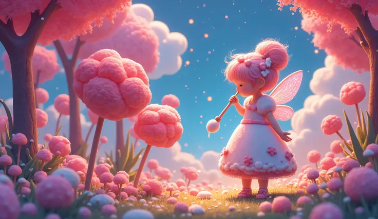 A whimsical fairy tends to a garden of giant, gummy bear trees and lollipop flowers, her canvas illuminated by the sugary glow of candy stars and marshmallow clouds. She uses frosting and melted chocolate to create dynamic fluid shapes and vibrant neon ton...