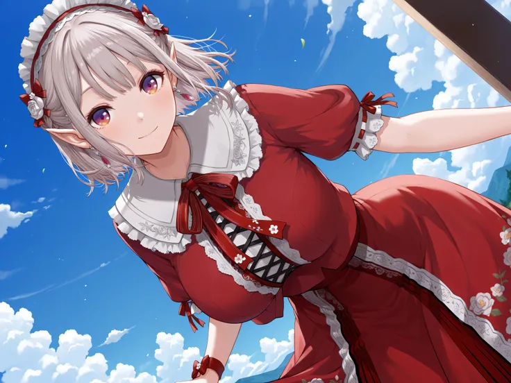 masterpiece,best quality, amazing quality, highres, absurdres, very aesthetic, high resolution, ultra detailed, perfect details,niji-elu,,large breasts,gradient eyes,red eyes,purple eyes,grey hair,pointy ears,short hair,bangs,earrings,niji-elucos1,red dres...