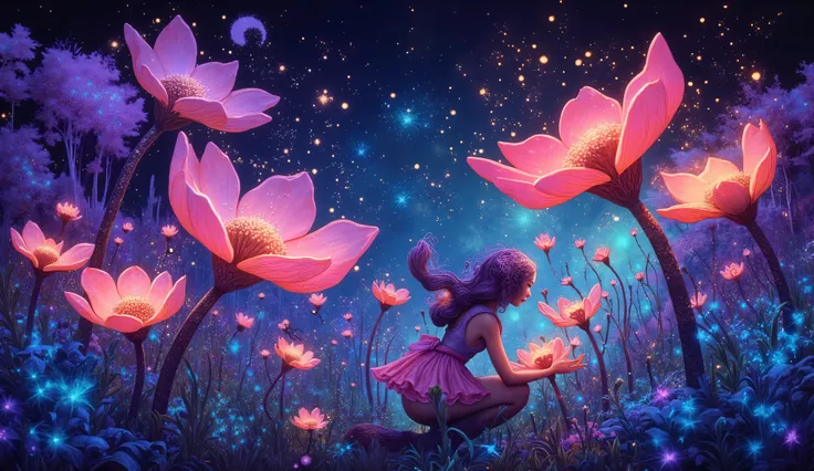 A whimsical fairy meticulously tends to giant flowers in a bioluminescent forest, using fireflies as her guiding lights and gardening tools. The mural is a vibrant tapestry of neon tones and dynamic shapes, capturing the serene yet energetic atmosphere of ...