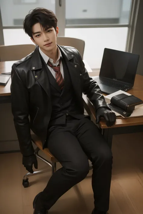 a slim muscular,Full body shot of a handsome K-pop male idol in in leather jacket and tie and leather gloves.lie down lean on in classroom desk. tempting.sexy.try to rape.realistic high quality .intricate detail face , ultra high res, uhd. Hyper-realism. g...