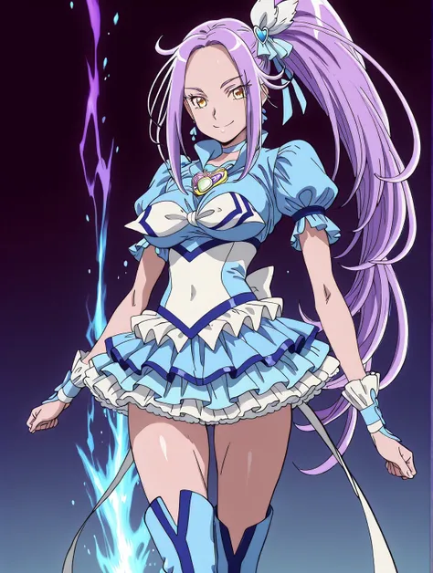 score 9 、score 8 up、score 7 up、source anime、傑作、最高品質、高解像度、anime coloring、1girl、cure beat、purple haired anime woman is wearing a blue dress、solo、purple hair、side ponytail hair、high ponytai lhair、very long hair、parted bangs、アホ毛、yellow eyes、睫毛、shiny hair、 hair...