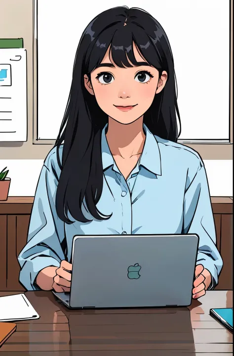 An adult woman、working at office, long black hair、smiling、laptop PC、Clean and high definition、Perfect Picture Quality、