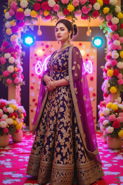 An Indian woman adorned in a rich, deep purple and gold salwar kameez, with intricate threadwork and a luxurious fabric that glistens in the light. She’s standing at a wedding venue with colorful flowers and traditional decorations around her. The atmosphe...