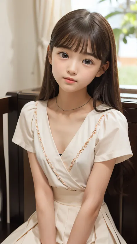 female、baby face sitting in POV、 Side hair, The one at the bottom、(middle school students　Flat chest　)depict a beautiful girl　(small eyes　small face　Tiny Sana's Head　upright and immovable)　ear skirt　Ruins　has a short torso
