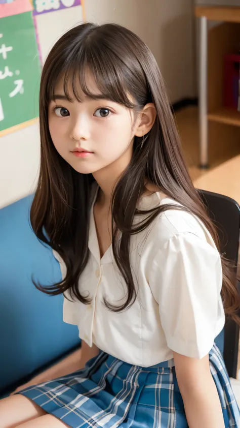 female、baby face sitting in POV、 Side hair, The one at the bottom、(middle school students　Flat chest　)depict a beautiful girl　(small eyes　small face　Tiny Sana's Head　upright and immovable)　ear skirt　Ruins　has a short torso