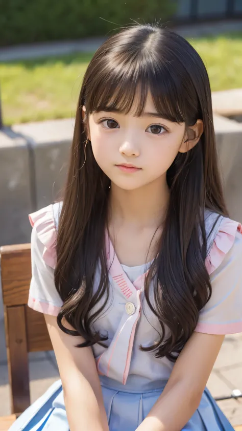 female、baby face sitting in POV、 Side hair, The one at the bottom、(middle school students　Flat chest　)depict a beautiful girl　(small eyes　small face　Tiny Sana's Head　upright and immovable)　ear skirt　Ruins　has a short torso