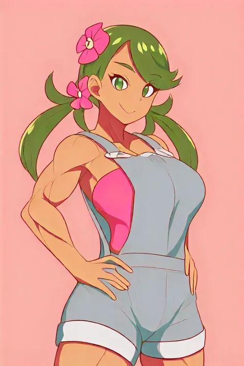 傑作、最高品質、absurdres、muscular girl、deltoids、biceps、triceps、brachioradialis、hamstrings、adductor magnus muscles、big breasts、large breasts、toned body、Dark Skin、black、(curvy)、sexy、cute、eyelashes、vivid colors、BREAK、 ,,,   zz Mallow、solo、green hair、strong muscles、g...