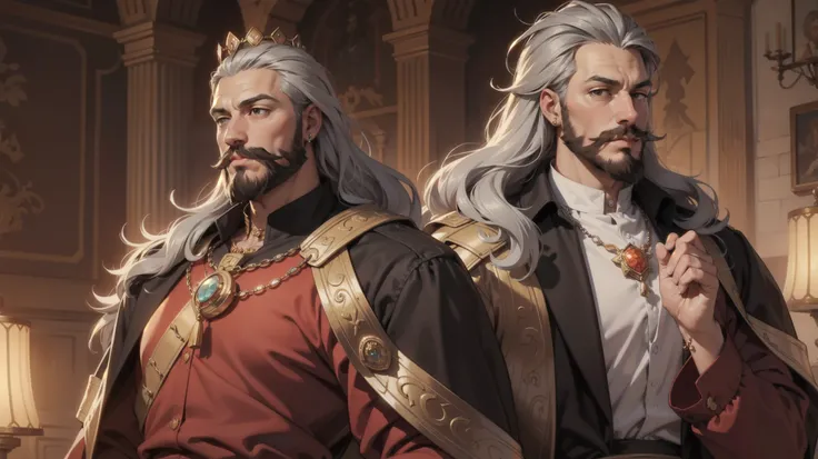 *This was made on app.arthemy.ai* Willem Gablem, the king, long hair,  long sleeves, brown eyes, jewelry,  grey hair, necklace, facial hair, crown, gem, beard, mustache,