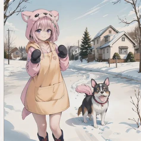 A cute anime-style girl with medium-length pink hair and purple eyes, wearing a pink dog-themed kigurumi with floppy ears and paw mittens. She has a simple white apron over her outfit. She is smiling gently and standing in a snowy landscape. Surround her w...