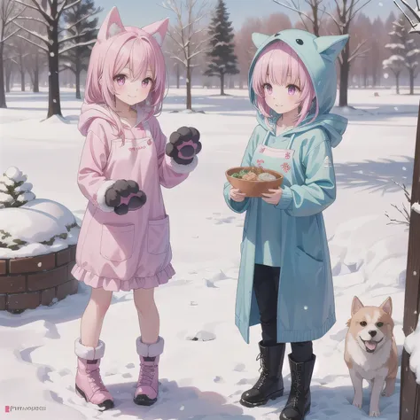 A cute anime-style girl with long pink hair and pink eyes, wearing a pink dog-themed kigurumi with floppy ears and paw mittens. She has a simple white apron over her outfit. She is smiling gently and standing in a snowy landscape. Surround her with dog-rel...