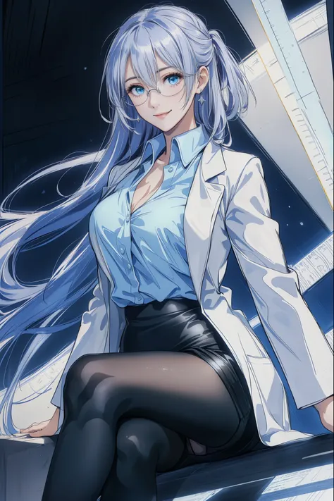 anime girl with long hair sitting on a ledge in a white shirt, wearing lab coat and a blouse, with a lab coat, anime moe artstyle, wearing lab coat and glasses,(タイトスカート:1.4),(pencil skirt:1.4), white haired deity,((水色の瞳:1.4)),White sitting panties:1.6,(Lig...