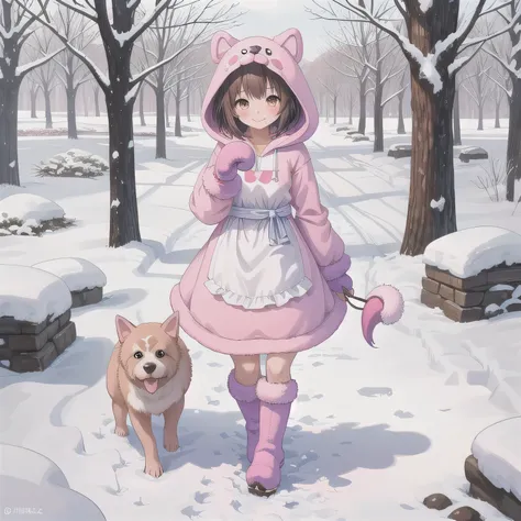 A cute anime-style girl with short dark hair and brown eyes, wearing a pink dog-themed kigurumi with floppy ears and paw mittens. She has a simple white apron over her outfit. She is smiling gently and standing in a snowy landscape. Surround her with dog-r...