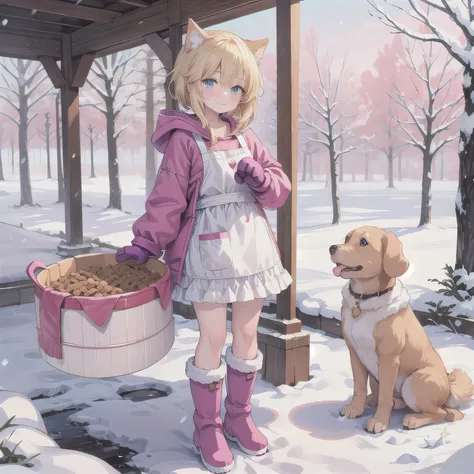 A cute anime-style girl with short blonde hair and blue eyes, wearing a pink dog-themed kigurumi with floppy ears and paw mittens. She has a simple white apron over her outfit. She is smiling gently and standing in a snowy landscape. Surround her with dog...