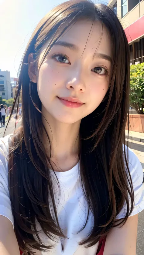With the alleys of Harajuku in the background、 18 year old girl、independent、 enjoy 、Light eye makeup、 Hair、 flat at honny 、hair fluttering like the wind、Quality of actress、sparkles, Ultra Realistic Faces、smileの表情、watery eyes、look up、 Nice Lighting 、 hyper...