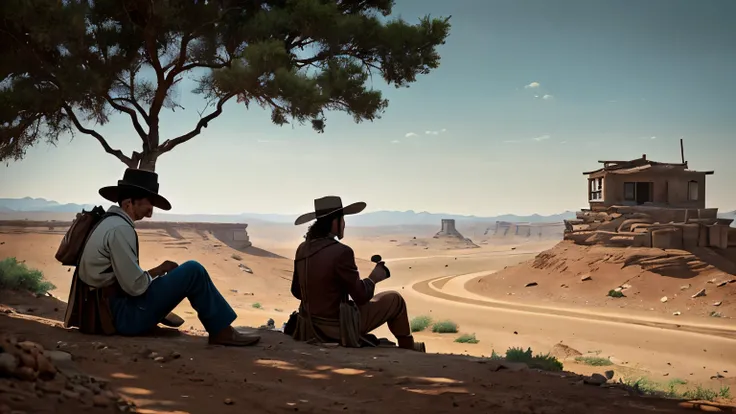 A man sitting under a weathered tree on a Wild West hilltop, gazing into the distance, with a woman cautiously approaching. The sky is dim with overcast clouds, the air dry and dusty. The atmosphere is tense yet silent, with the unspoken connection between...