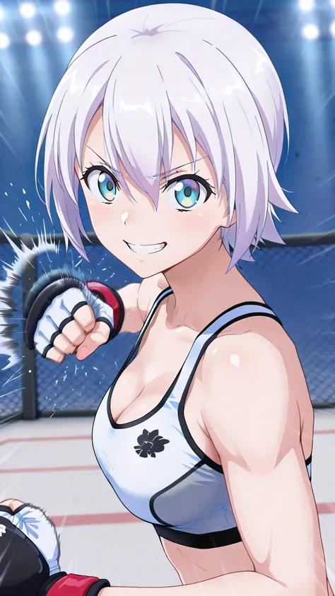 lisanna strauss, short hair, blue eyes, hair between eyes, white hair,, solo, Detailed eyes, white sports bra, black sports very short spats, white fingerless gloves, thigh, cleavage, slim body, medium breast, serious grin, looking at viewer, Detailed eyes...