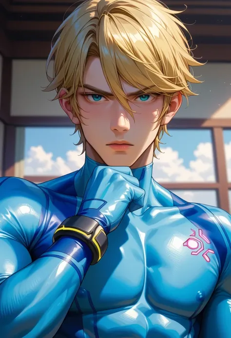 score 9 、score 8 up、score 7 up、1boy、solo、(male:1.5)、male focus、male body、defSamus、blonde hair、short hair、body suit、zero suit、blue body suit、blue clothes、blue pantynose、longs leeves、blue gloves、恐怖の表情、juicy lips、standing、looking at viewer、に入って、暗い洞窟、bulge lar...