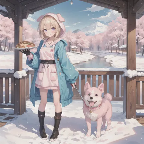 A cute anime-style girl with short blonde hair and purple eyes, wearing a pink dog-themed kigurumi with floppy ears and paw mittens. She has a simple white apron over her outfit. She is smiling gently and standing in a snowy landscape. Surround her with do...