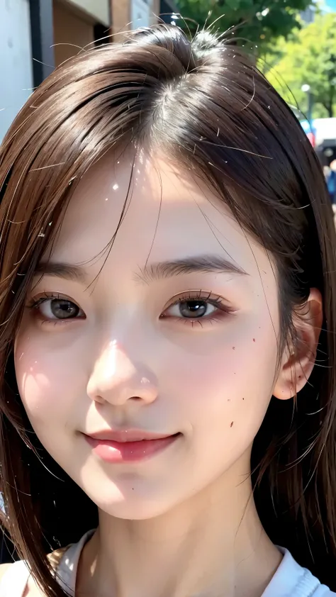 With the alleys of Harajuku in the background、 18 year old girl、independent、 enjoy 、Light eye makeup、 Hair、 flat at honny 、hair fluttering like the wind、Quality of actress、sparkles, Ultra Realistic Faces、smileの表情、watery eyes、look up、 Nice Lighting 、 hyper...