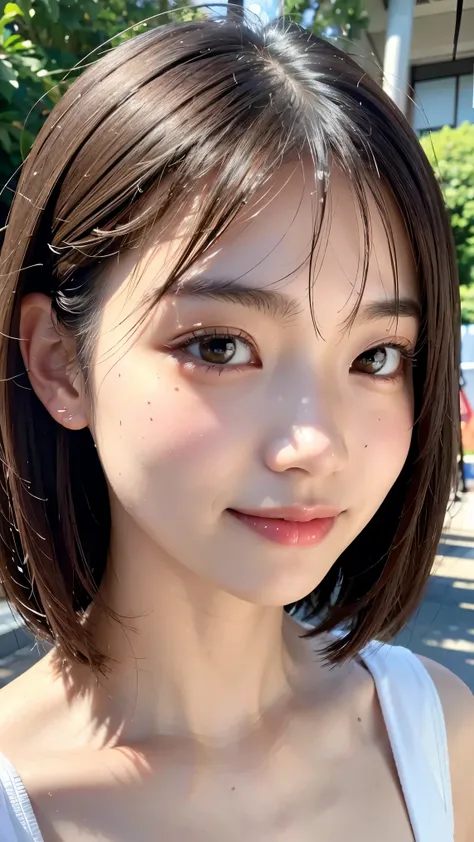 With the alleys of Harajuku in the background、 18 year old girl、independent、 enjoy 、Light eye makeup、 Hair、 flat at honny 、hair fluttering like the wind、Quality of actress、sparkles, Ultra Realistic Faces、smileの表情、watery eyes、look up、 Nice Lighting 、 hyper...