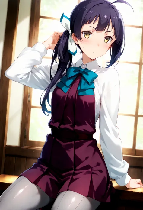 Fujinami (KANCOLLE), , 一人の女の子, 一人で,
fujinamiKC, 1girl, solo, long hair, hair ribbon, ahoge, side ponytail,long sleeves, dress, bow, ribbon, school uniform, hair ribbon, white shirt, bowtie, white ribbon, purple dress, pleated dress, grey pantyhose, aqua b...