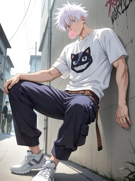 (masterpiece, best quality), amazing quality, very aesthetic, absurdres, highres, newest, HDR, 8K, anime style, cinematic, professional lighting, backlighting, dynamic angle, 1man, adult, male focus, gojou satoru, jujutsu kaisen, white hair, short hair, ((...