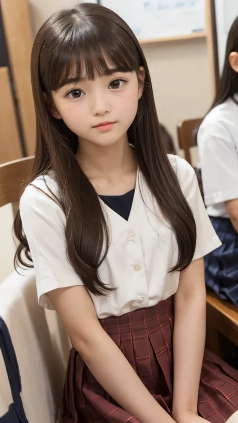 female、baby face sitting in POV、 Side hair, The one at the bottom、(middle school students　Flat chest　)depict a beautiful girl　(small eyes　small face　Tiny Sana's Head　upright and immovable)　ear skirt　Ruins　has a short torso