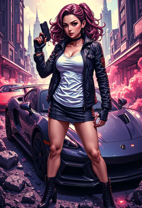 an anime portrait of a beautiful woman ready for battle, she is standing near her  sports  car, a mature woman, ((full body)), (ultra detailed face: 1.2), looking tense, looking dangerous, dynamic eye color, dynamic hair color, dynamic hair style dynamic s...