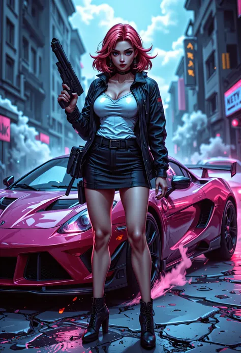 an anime portrait of a beautiful woman ready for battle, she is standing near her  sports  car, a mature woman, ((full body)), (ultra detailed face: 1.2), looking tense, looking dangerous, dynamic eye color, dynamic hair color, dynamic hair style dynamic s...
