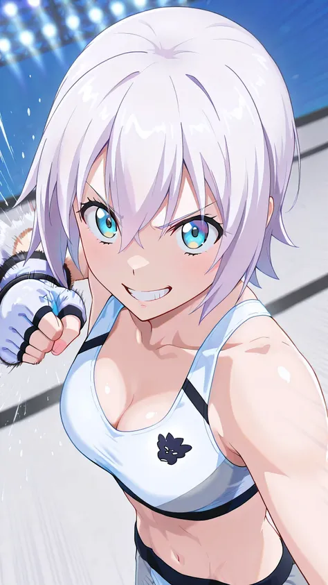 lisanna strauss, short hair, blue eyes, hair between eyes, white hair,, solo, Detailed eyes, white sports bra, black sports very short spats, white fingerless gloves, thigh, cleavage, slim body, medium breast, serious grin, looking at viewer, Detailed eyes...