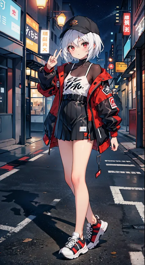 top grade 、white hair、short hair,red eyes、Beautiful Girls、Petite、,flat chested,(,jacket,sneakers, cap,naked,Previous picture),Street,Road Ground,,,night,