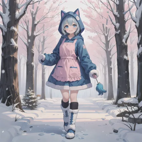 A cute anime-style girl with short blue hair and blue eyes, wearing a pink dog-themed kigurumi with floppy ears and paw mittens. She has a simple white apron over her outfit. She is smiling gently and standing in a snowy landscape. Surround her with dog-re...