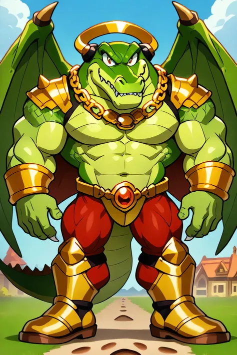 a green giant muscular dragon with green scales, 2 big wings, horns, sharp teeth, sharp claws, golden belly, golden armor, golden bracelets, golden necklaces, golden crown, golden belt, golden sandals, scars and tattoos on pectorals, wearing red underpants...