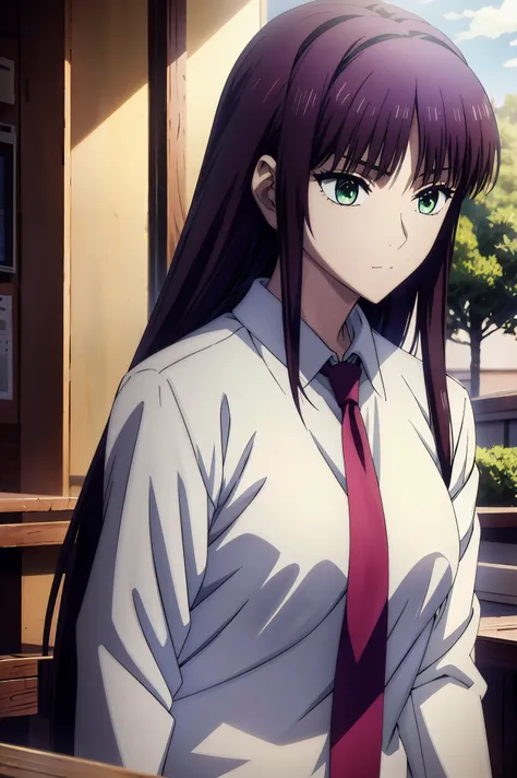 high school students,girl in uniform,A jewel like an eye, 超 high image quality, ((( green eyes))),赤 I have purple hair, beautifulアニメ高校の女の子,( masterpiece:1.2, 最 high quality ), ( exists, photo exists:1.4), beautifulイラスト, ( natural light , Movie Screenplay  ...