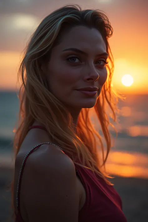 high quality, 8K Ultra HD, sunset coast should serve as the underlying backdrop, with its details incorporated into the goddess , crisp lines, looking at the camera. The background is monochrome, sharp focus,,awesome full color,
