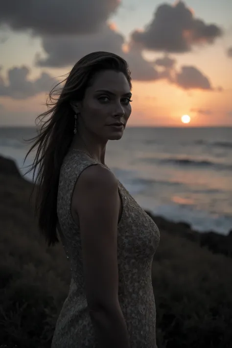 high quality, 8K Ultra HD, sunset coast should serve as the underlying backdrop, with its details incorporated into the goddess , crisp lines, looking at the camera. The background is monochrome, sharp focus,,awesome full color,