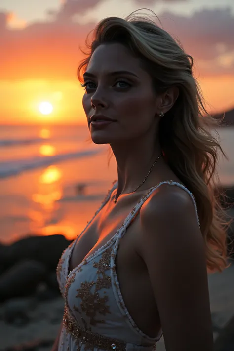 high quality, 8K Ultra HD, sunset coast should serve as the underlying backdrop, with its details incorporated into the goddess , crisp lines, looking at the camera. The background is monochrome, sharp focus,,awesome full color,