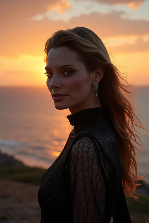 high quality, 8K Ultra HD, sunset coast should serve as the underlying backdrop, with its details incorporated into the goddess , crisp lines, looking at the camera. The background is monochrome, sharp focus,,awesome full color,